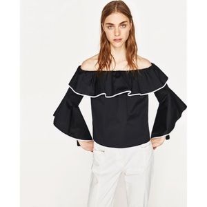 Zara Black With White Trim Off The Shoulder Ruffle Top With Bell Sleeves…